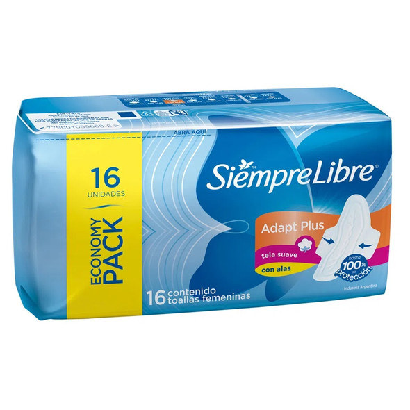 Siempre Libre Toallitas Adapt Plus Soft Cotton Feminine Pads with Wings Adaptable Shape, 4 x 16 count ea (64 total count)