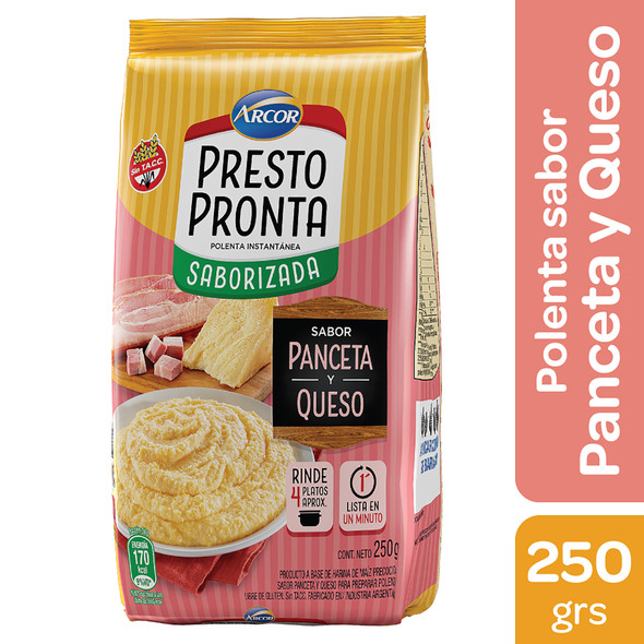 Presto Pronta Polenta Instantánea Saborizada Panceta y Queso Cheese & Bacon Flavored Corn Meal Ready In One Minute, 250 g / 8.81 oz