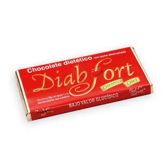 Diab Fort Chocolate Dietético Light Milk Chocolate Bar Diet Bar - No Sugar Added, 50 g / 1.7 oz ea (pack of 2 bars)