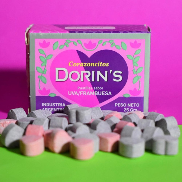 Pastillas Dorin's Uva y Frambuesa Raspberry & Grape Hard Candy Heart Shaped, 25 g / 0.9 oz (pack of 3)