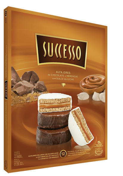 Successo Alfajores Mixed Milk Chocolate & Italian Meringue Merengue Alfajores Filled with Dulce de Leche - Trans Fat Free, 600 g / 21.16 oz (box of 12 alfajores)