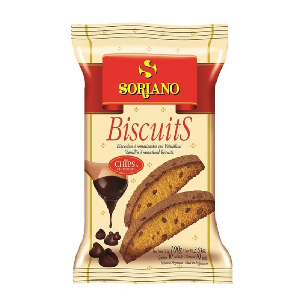 Soriano Biscuits Con Chips Bizcochos Dulces Old Classic Sweet Biscuits Vanilla Flavor with Chocolate Chips, 100 g / 3.52 oz ea (pack of 3)