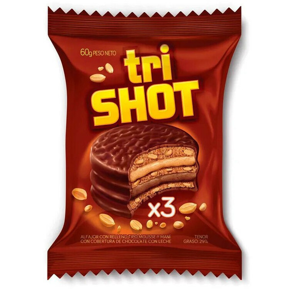 Trishot Triple Alfajor with Peanut Butter and Chocolate Mousse Wholesale Bulk Box, 60 g / 2.1 oz ea (box of 36 count)