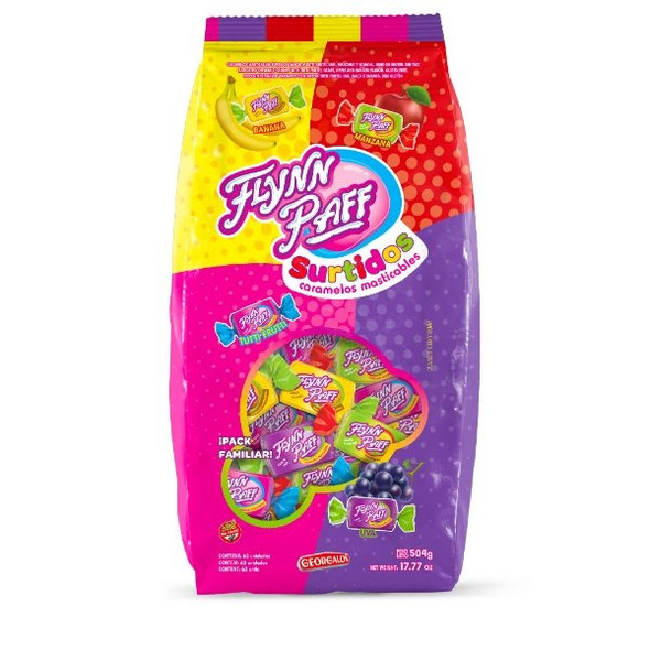 Caramelos Flynn Paff Surtidos Assorted Soft Candies, Tutti-Frutti, Grape, Apple & Banana, 504 g / 17.77 oz bag