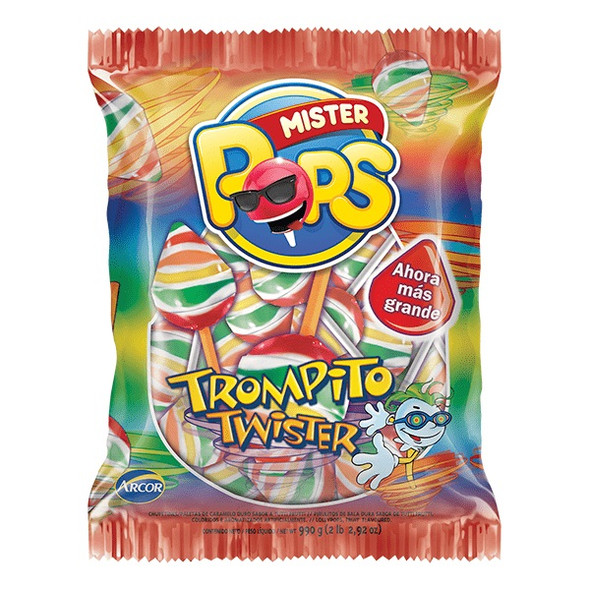 Mister Pops Chupetines Trompito Twister Fruit Flavored Lollypops, 550 g / 19.4 oz (pack of 50 lollypops)