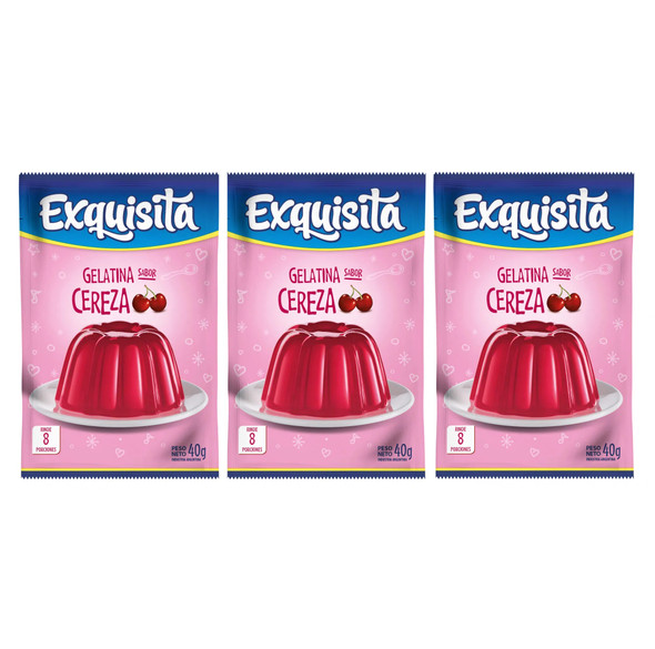 Exquisita Cherry Ready to Make Jelly Gelatina Cereza Jell-O, 8 servings 40 g / 1.41 oz pouch (pack of 3)