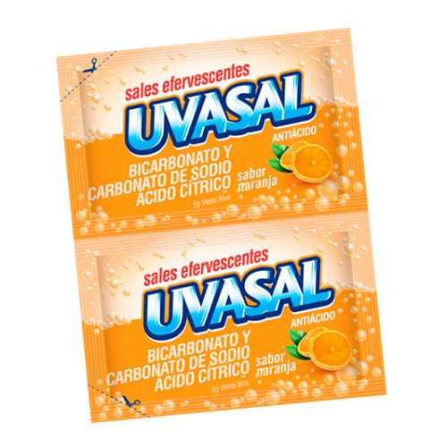 Uvasal Naranja Sales Efervescentes Effervescent Powder with Bicarbonate, Sodium Carbonate & Citric Acid for Acid Indigestion Orange Flavor - Gluten Free, 10 g / 0.35 oz pouch (box of 15 pouches)