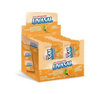 Uvasal Naranja Sales Efervescentes Effervescent Powder with Bicarbonate, Sodium Carbonate & Citric Acid for Acid Indigestion Orange Flavor - Gluten Free, 10 g / 0.35 oz pouch (box of 15 pouches)