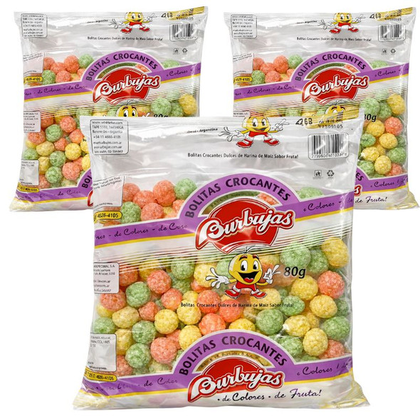 Burbujas Bolitas Crocantes Dulces Tutti-Frutti Cornmeal Sweet Snack Classic "Puflitos" Assorted Fruits Flavors Old Classic Parties Snack, 80 g / 2.82 oz bag (pack of 3)