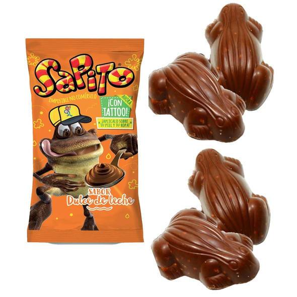 Sapito Bombón Milk Chocolate Frogs Filled with Dulce de Leche & Crispy Cereals - with Tattoo Stickers, 10 g / 0.35 oz (box of 24 units)