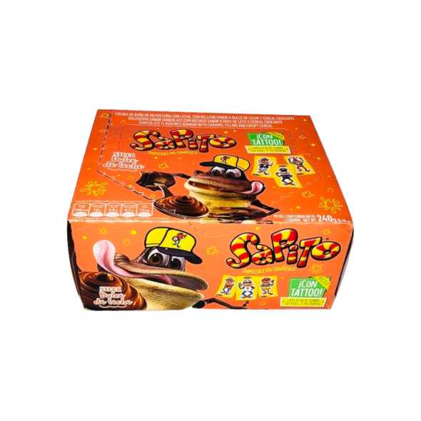 Sapito Bombón Milk Chocolate Frogs Filled with Dulce de Leche & Crispy Cereals - with Tattoo Stickers, 10 g / 0.35 oz (box of 24 units)