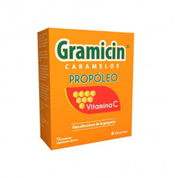 Gramicin Caramelos de Propóleo con Vitamina C Propolis Candy with Vitamin C Ideal for Sore Throat Bee Propolis Dietary Supplement - Gluten Free (box of 12 candies)