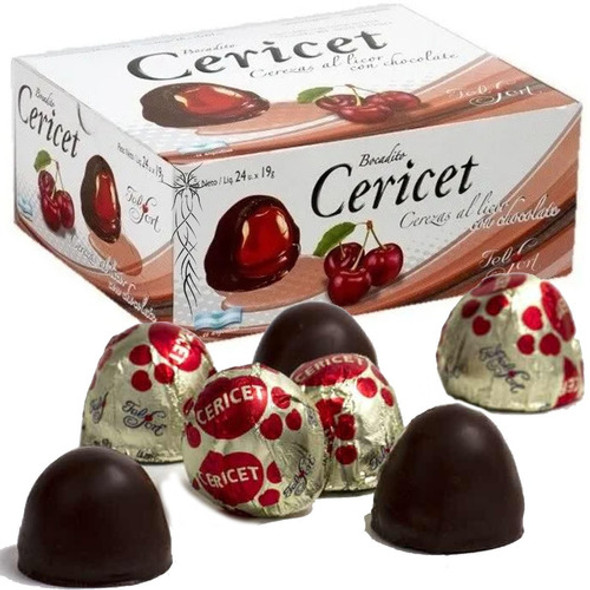 Cericet Cerezas al Licor con Chocolate Bonbon Cherries with Liquor & Milk Chocolate - Bocadito Felfort, 19 g / 0.67 oz (box of 24 bites)