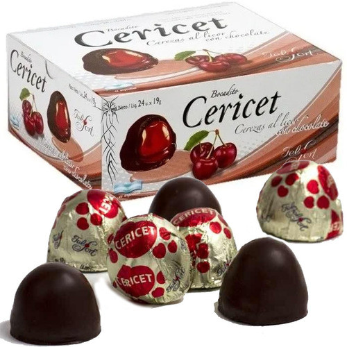 Cericet Cerezas al Licor con Chocolate Bonbon Cherries with Liquor & Milk Chocolate - Bocadito Felfort, 19 g / 0.67 oz (box of 24 bites)
