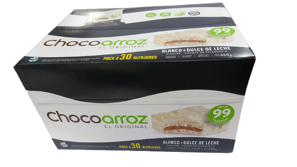 Chocoarroz Wholegrain Rice White Chocolate Alfajor with Dulce de Leche Gluten Free - Very Low Calories  (box of 30)