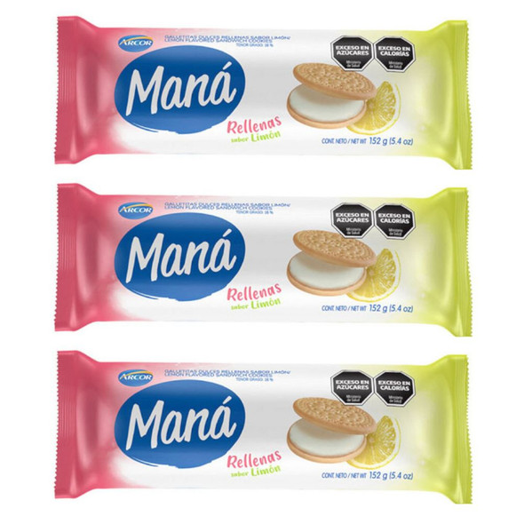 Maná Rellenas Limón Thin Sweet Cookies Lemon Filling Flavor, 152 g / 5.4 oz (pack of 3)