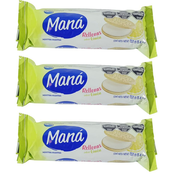 Maná Rellenas Limón Thin Sweet Cookies Lemon Filling Flavor, 152 g / 5.4 oz (pack of 3)