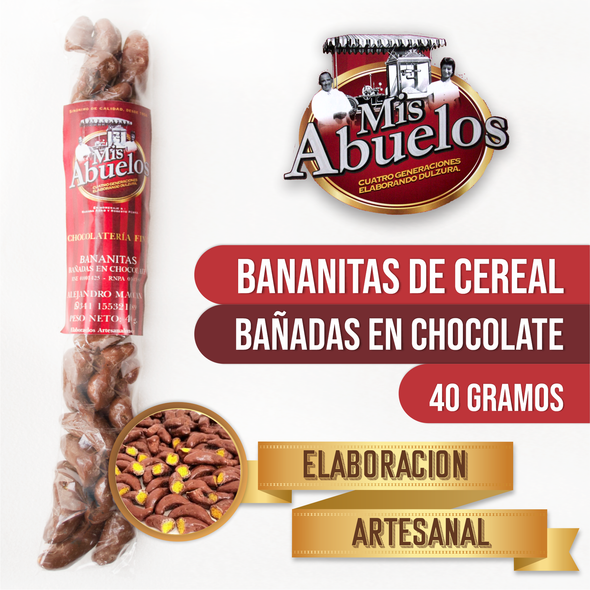 Bananitas Bañadas Mis Abuelos Perez Adad Crunchy Cereal Snack with Milk Chocolate Coating, 50 g / 1.76 oz bag