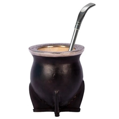  Combo Large Camionero Grabado Premium Leather Mate Gourd Carved Calabaza, Double Reinforced Flat Base and Stainless Steel Ring with Engraved Details + Pico de Loro Alpaca Bombilla