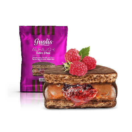 Guolis Alfajores Premium Extra Blend Semi-Bitter Chocolate Alfajor With Dulce de Leche & Raspberry Filling, 60 g / 2.12 oz ea (box of 18 alfajores)