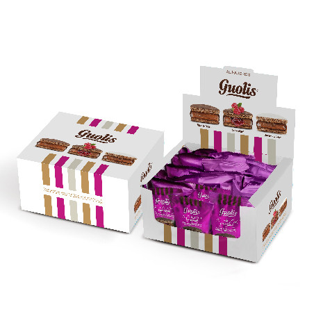 Guolis Alfajores Premium Extra Blend Semi-Bitter Chocolate Alfajor With Dulce de Leche & Raspberry Filling, 60 g / 2.12 oz ea (box of 18 alfajores)