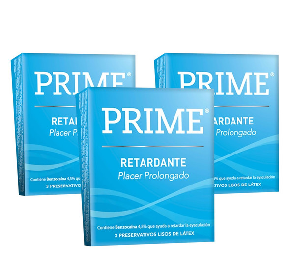 Prime Retardante Preservativos Retardant Latex Condoms with Delay Lubricant, 3 boxes with 3 condoms ea (9 count)