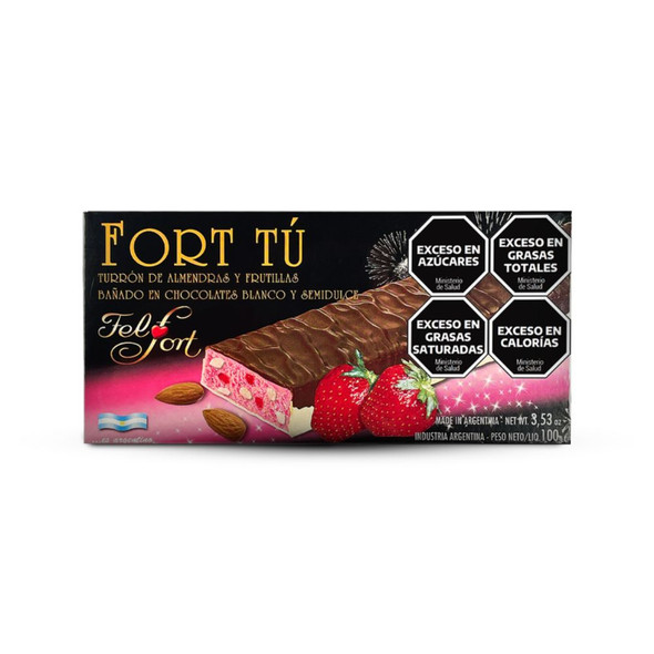 Fort Tú Turrón de Almendras y Frutillas White Chocolate Torrone with Strawberry & Almonds Soft Interior by FelFort, 100 g / 3.53 oz bar