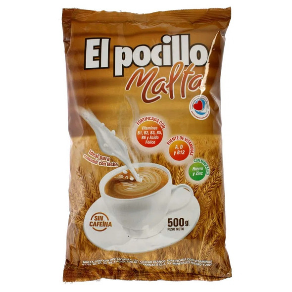 El Pocillo Malta Ready to Make Powder Malt Drink Caffeine-Free, with Vitamins A, B, D, and Zinc, 500 g / 1.1 lb bag