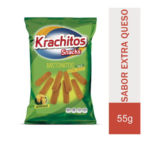 Krachitos Bastoncitos Extra Queso Chizitos Baked Corn Snack Wider Sticks Extra Cheese Flavor Party Super Bag, 55 g / 1.94 oz bag