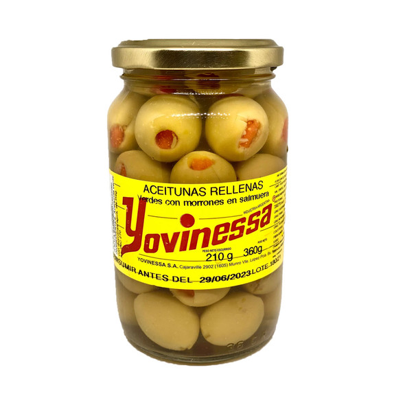 Yovinessa Aceitunas Verdes Rellenas Con Morrones Pimento Stuffed Green Olives, 330 g / 31.7 oz pouch