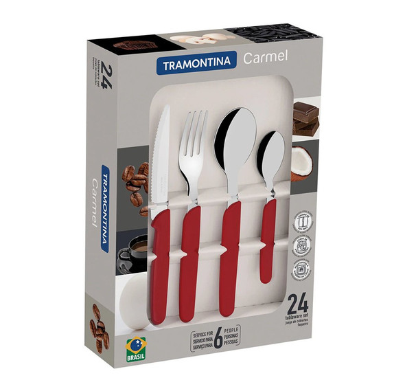 Tramontina Carmel Bordó Juego de Cubiertos Stainless Steel Flatware Set with Polypropylene Handles Cutlery Set Service For 6 People (24 pc)