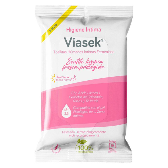 Viasek Toallitas Húmedas Femeninas Intimate Hygiene Feminine Wet Wipes with Hyaluronic Acid for Daily Use - Vegan & Biodegradable (16 count)