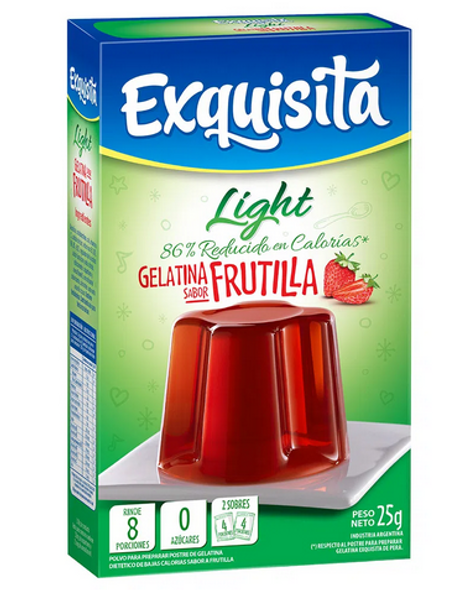 Exquisita Strawberry Ready to Make Light Jelly Gelatina Frutilla Sin Azúcares Jell-O, 4 servings per pouch 25 g / 0.88 oz (box of 3 pouches)