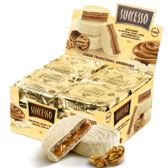Successo Alfajores White Chocolate with Nuts and Dulce de Leche  - Trans Fat Free, 600 g / 21.16 oz (box of 12 alfajores)