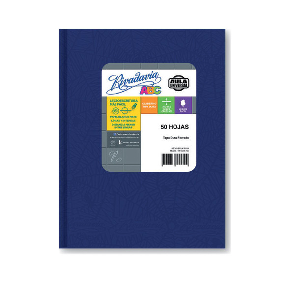Rivadavia Cuaderno Tapa Dura Rayado Azul Aula Universal Striped Blue Hard Cover Notebook with 50 Matte White Sheets, 190 mm x 235 mm / 7.48 " x 9.25"