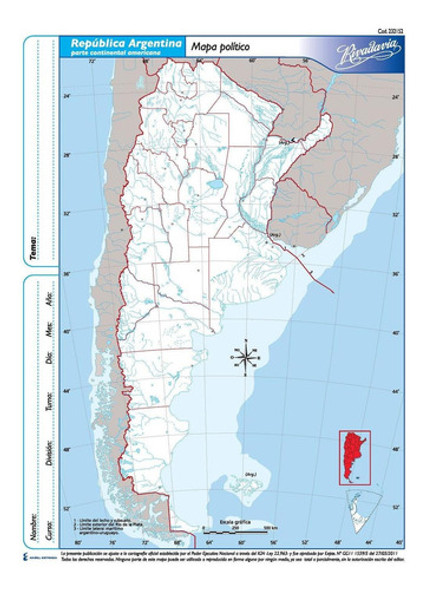 Rivadavia Mapa Político N°3 República Argentina, Argentine Political Map, Special For Students, 190 mm x 235 mm / 7.48 " x 9.25" (pack of 3)
