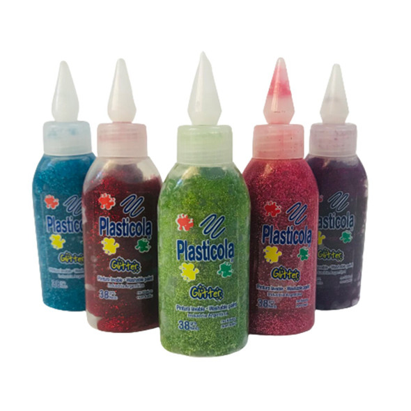 Plasticola Glitter Glue Assorted Colors, Pegamento Líquido Brillante, Perfect for Homemade Slime, Arts & Crafts & School Projects, 38g / 6.0 oz. (pack of 6)