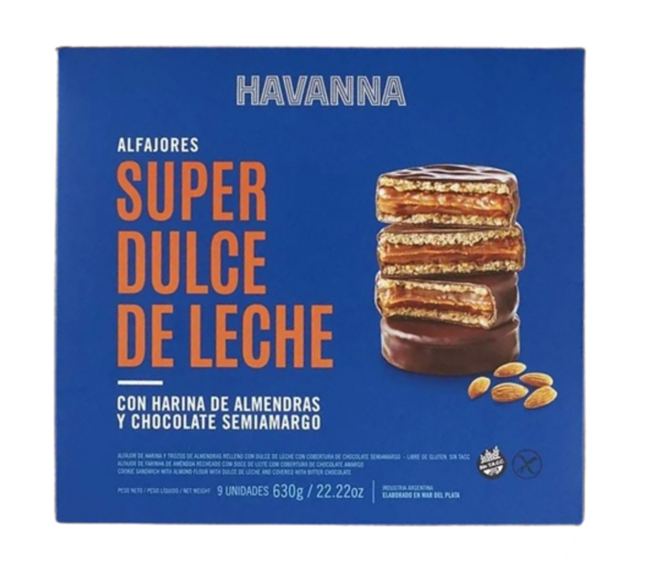 Havanna Alfajor Super Dulce De Leche Chocolate Semiamargo with Dulce de Leche & Almond Flour, 9 alfajores per case (pack of 6 cases)