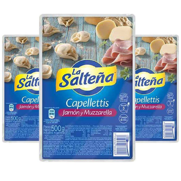 La Salteña Capellettis Rellenos Pastas Frescas Jamón y Muzzarella Ham & Mozarella Cappelletti, 500 g / 1.1 lb (pack of 3)