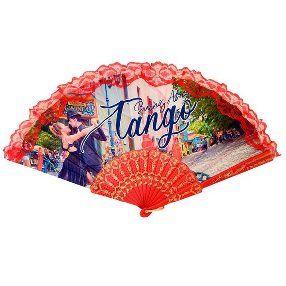 Abanico Buenos Aires Tango Rojo Red Fabric Folding Hand Fan Unique Design Fan for Parties or Decoration, 25 cm / 9.8" hieght (1 pc)