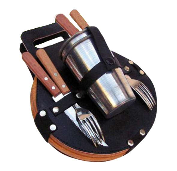 Set Asadero Para Dos BBQ Kit Wooden Plate, Metal Tumbler, Cutlery Fork & Knife with Leather Holder - Barbecue Set (for two people)