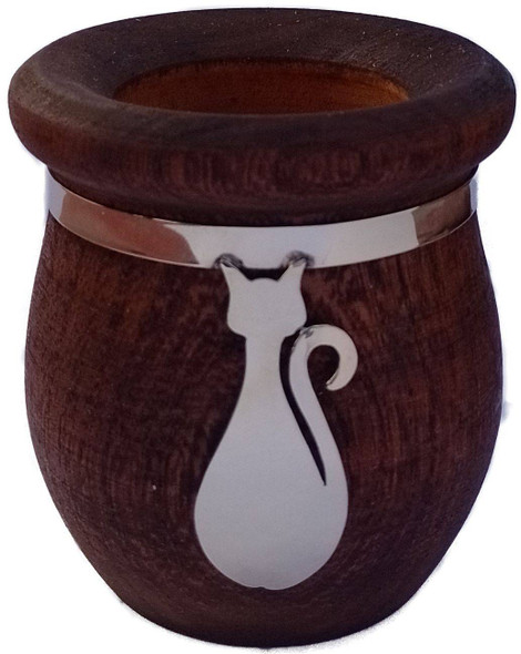 Alfaluchovevo Mate de Madera Gato Algarrobo Wooden Mate Gourd with Alpaca Decoration (Cat Design)