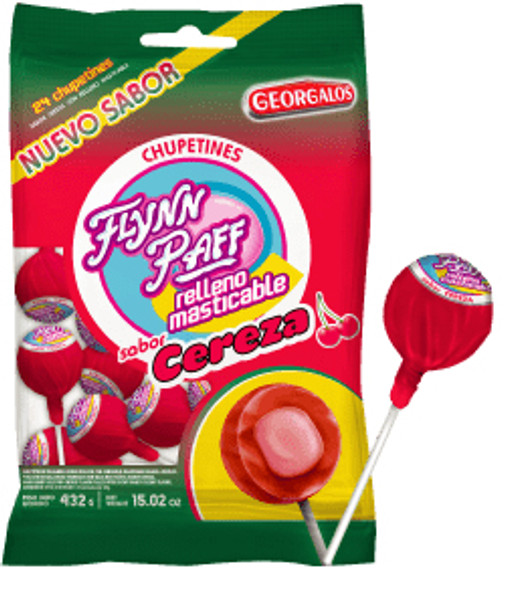 Flynn Paff Chupetines Sabor Cereza con Relleno Masticable Cherry Flavor Lollipops with Chewy Filling, 432 g / 15.23 oz (24 units)