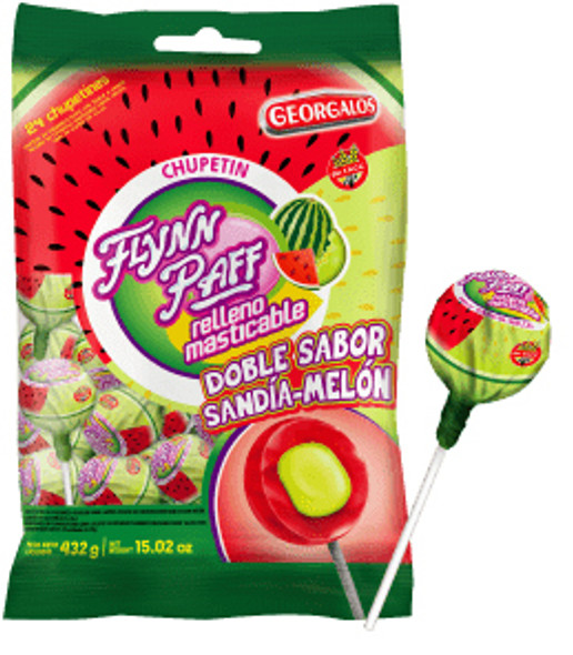 Flynn Paff Chupetines Doble Sabor Sandía - Melón con Relleno Masticable Double Flavor Lollipops Watermelon - Melon and Chewy Filling, 432 g / 15.23 oz (24 units)