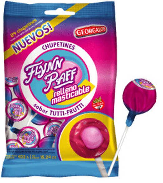 Flynn Paff Chupetines Sabor Tutti Frutti con Relleno Masticable Tutti Frutti Flavor Lollipops with Chewy Filling, 432 g / 15.23 oz (24 units)