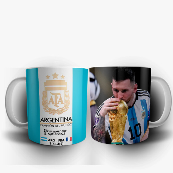 Taza Campeones del Mundo Qatar 2022 Messi Besa la Copa del Mundo Diseño Messi Kisses World Cup Design - Ceramic Cup Printed On Both Sides