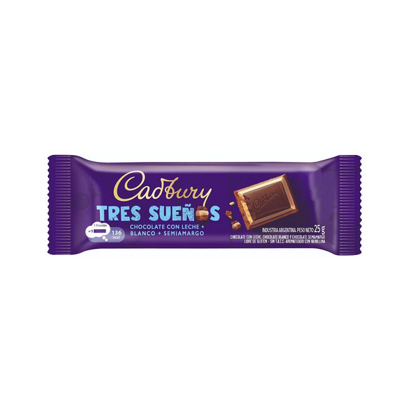 Cadbury Tres Sueños Chocolate Bar Milk Chocolate + White + Semi-Bitter, 25 g / 0.95 oz (box of 12)