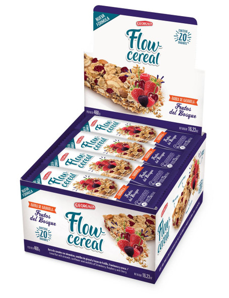 Flow Cereal Cereal Bar with Almonds Sunflower Seeds & Strawberry Chunks Raspberry & Cherry Barras de Cereal de Frutos del Bosque, 23 g / 0.81 oz (box of 20 bars)