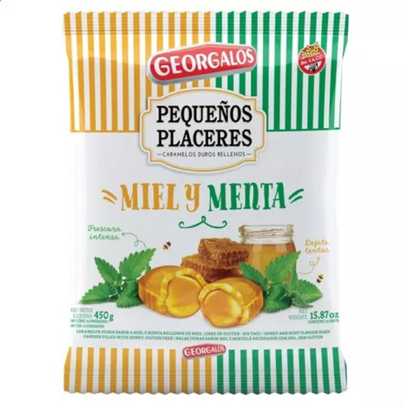 Georgalos Pequeños Placeres Filled Hard Candies Honey & Mint Flavor Caramelos de Miel & Menta, 450 g / 15.9 oz  bag