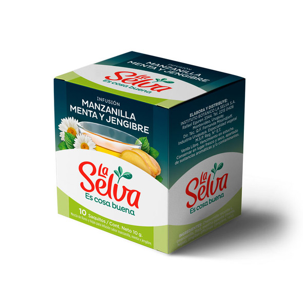 La Selva Tea Infusion Flavor Chamomile Mint & Ginger Té de Manzanilla Menta & Jengibre en Saquitos, 10 g / 0.35 oz ea (box of 10 bags)